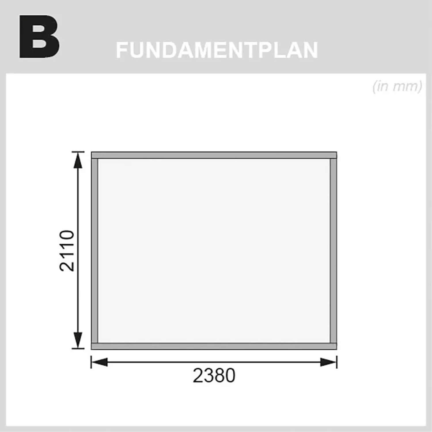 Fundamentplan Karibu Holz-Gartenhaus Neuenburg 3, 238x210 cm. Maße in mm.