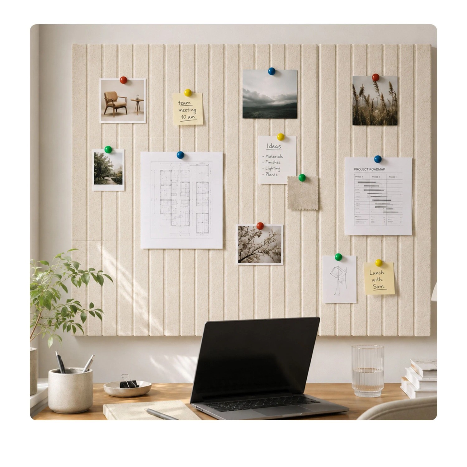 Beige Filzpinnwand aus Akustikfilz, selbstklebend, mit Notizen und Fotos an der Wand im Büro. Ideal für Organisation.