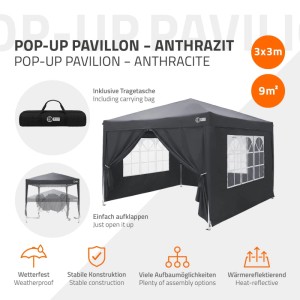 Anthrazit Pop-Up Pavillon 3x3 m mit Seitenwänden und Fenstern. Wasserdichter Faltpavillon für Garten & Sonnenschutz.
