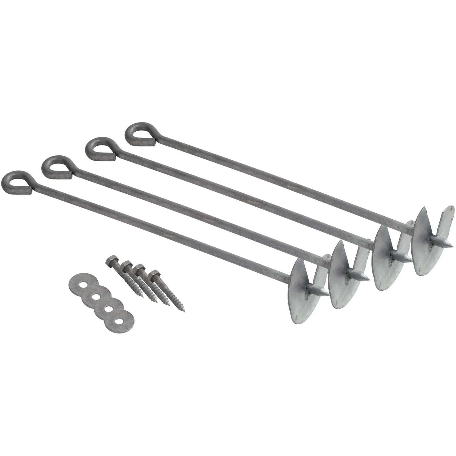 Bodenanker-Set für Schaukeln: 4 Erdanker, Schrauben und Unterlegscheiben für sicheren Halt.
