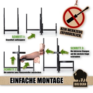 BigDean 5 Etagen Blumenständer: Einfache, werkzeugfreie Montage des schwarzen Metall-Pflanzenregals in 3 Schritten.