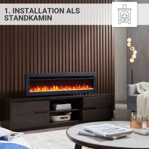 Schwarzer BALDERIA Elektrokamin AG-50 als Standkamin mit 3D-Flammeneffekt auf TV-Möbel.
