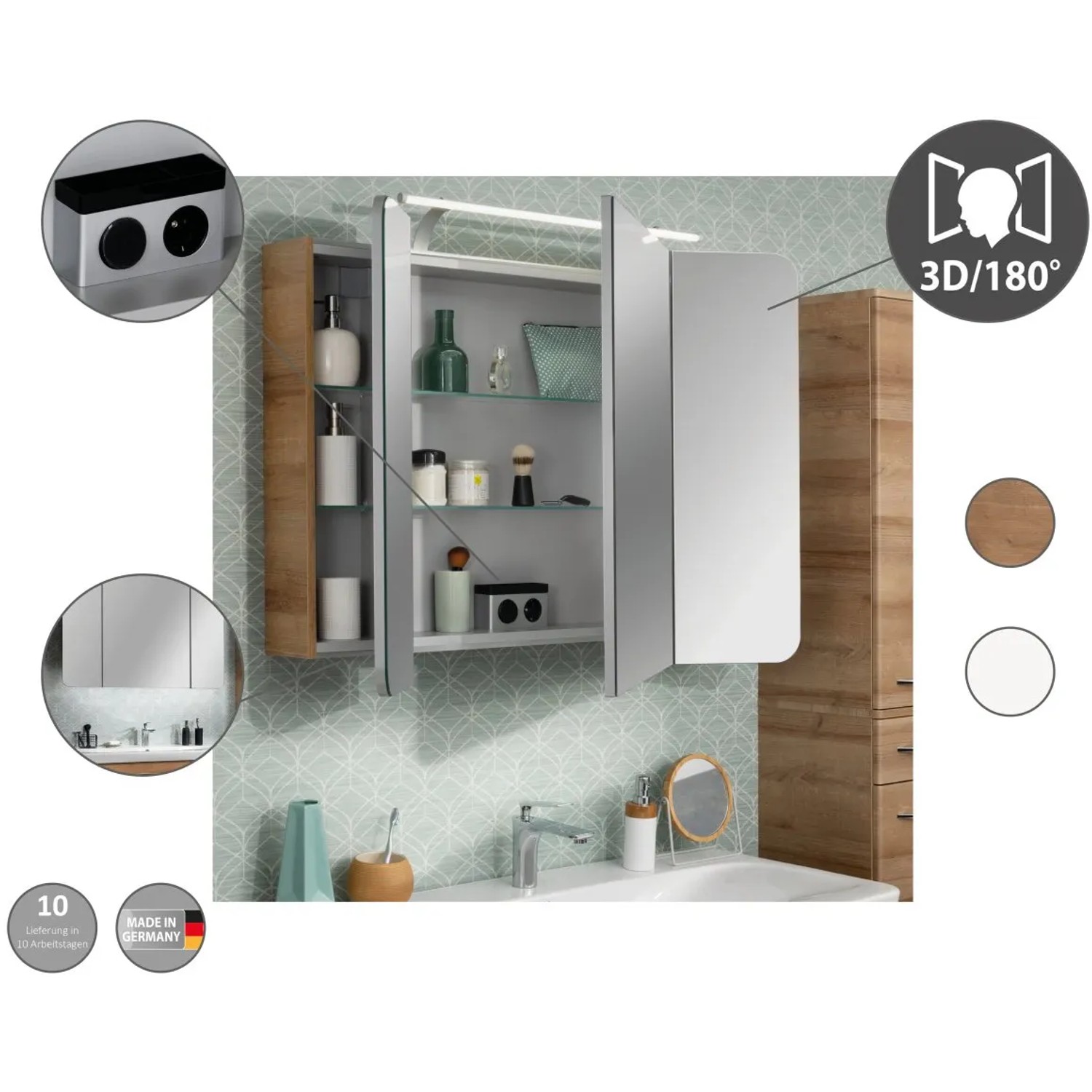 Fackelmann Spiegelschrank, 110 cm, weiß, mit Softclose-Türen und Innenleben.