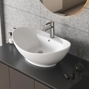 Ovales Aquabatos Aufsatzwaschbecken aus Keramik, weiß, mit Hahnloch und Überlauf auf dunklem Waschtisch.
