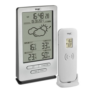 TFA Funk-Wetterstation Xena mit Außensensor (silber): Wettervorhersage, Innen-/Außentemperatur und Luftfeuchtigkeit.