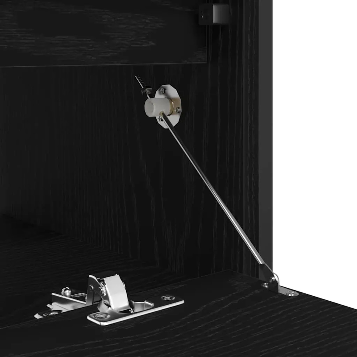 Detailaufnahme: Schwarzer Waschbeckenunterschrank mit Eichen-Optik, zeigt Beschläge und Gasdruckfeder.