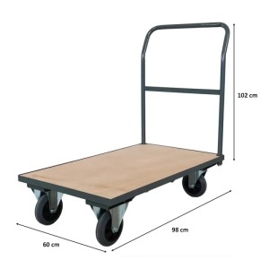 Grauer PROREGAL Profi Plattformwagen, 102x60x98cm, Traglast 450kg, mit Holzplatte und Griff.