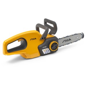 Gelbe Stiga Akku-Kettensäge CS 100e mit Akku und Schwert.