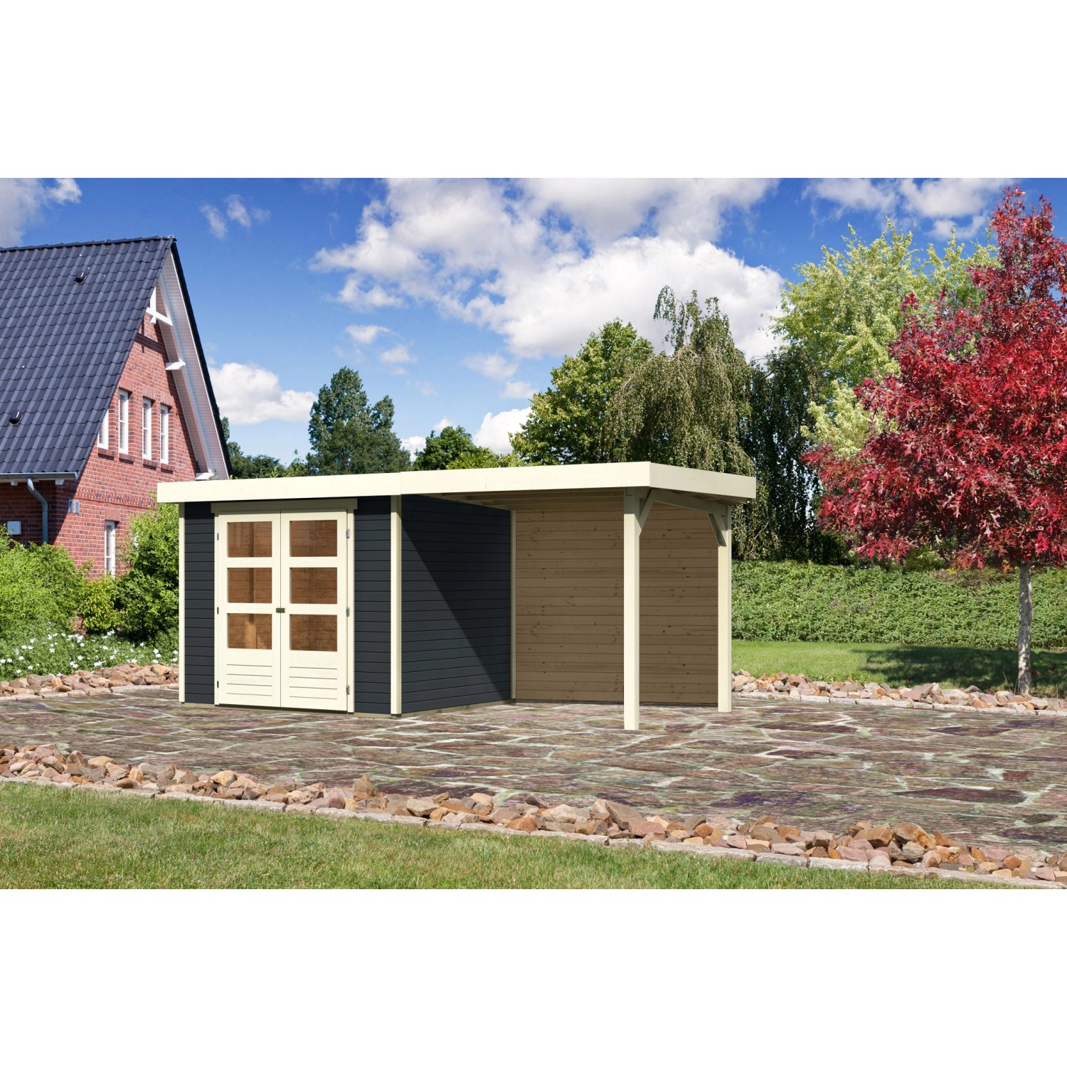 Karibu Gartenhaus Boras 3 Anthrazit 462 cm x 217 cm mit Anbaudach und Rückw günstig online kaufen