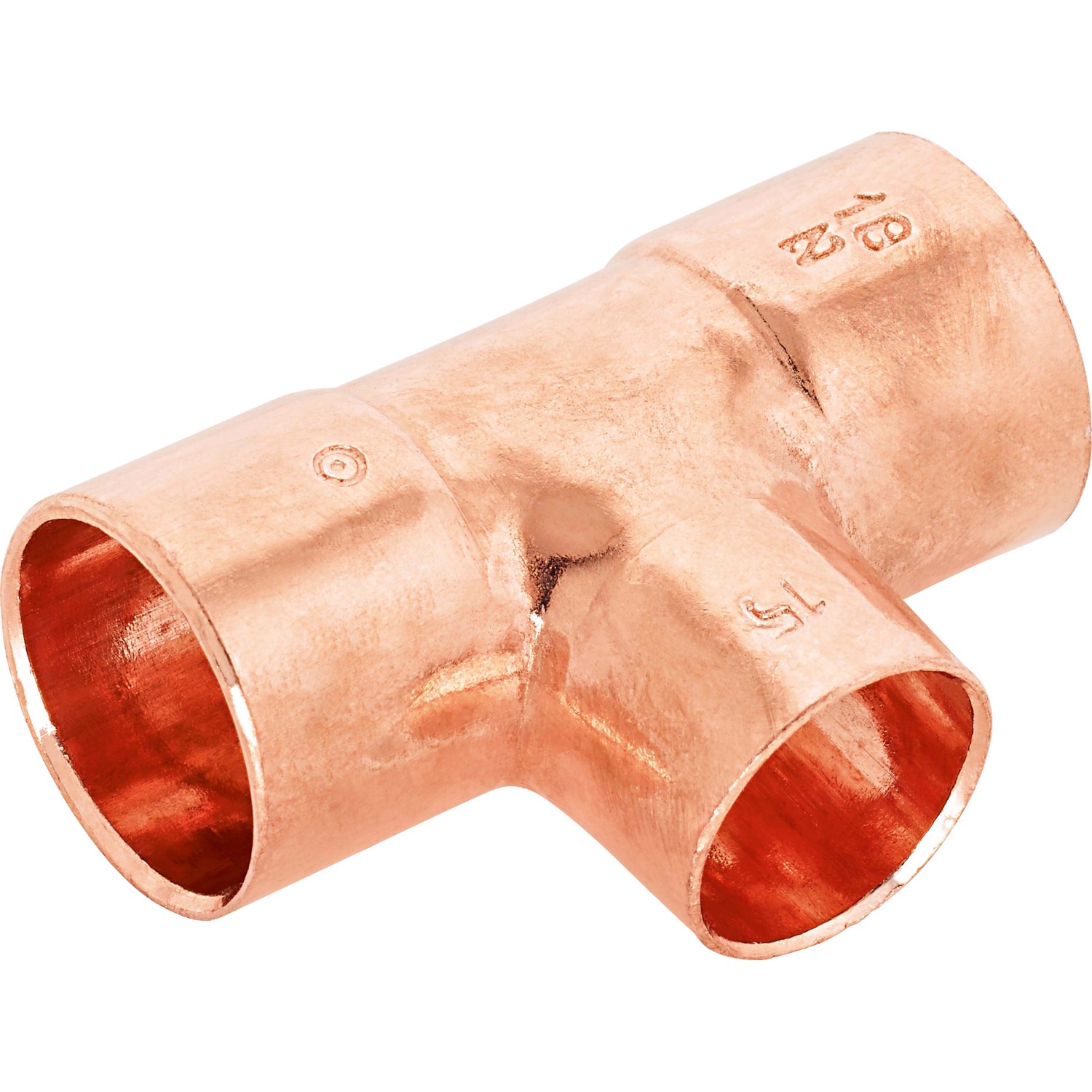 Löt-Reduzier-T-Stück aus Kupfer, 18 mm x 15 mm x 18 mm, für Kupferrohr-Installationen.