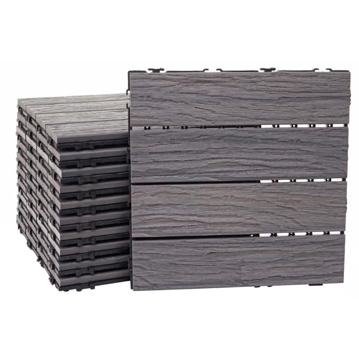 MCW WPC Bodenfliese E19 Holzoptik Balkon/Terrasse 3D-Struktur Linear antik-Braun 11x Je 30x30cm - 1qm