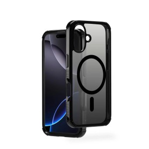 Schwarze Hama Handyhülle Extreme Protect für Apple iPhone 16. Transparente MagSafe-Schutzhülle mit verstärkten Kanten.