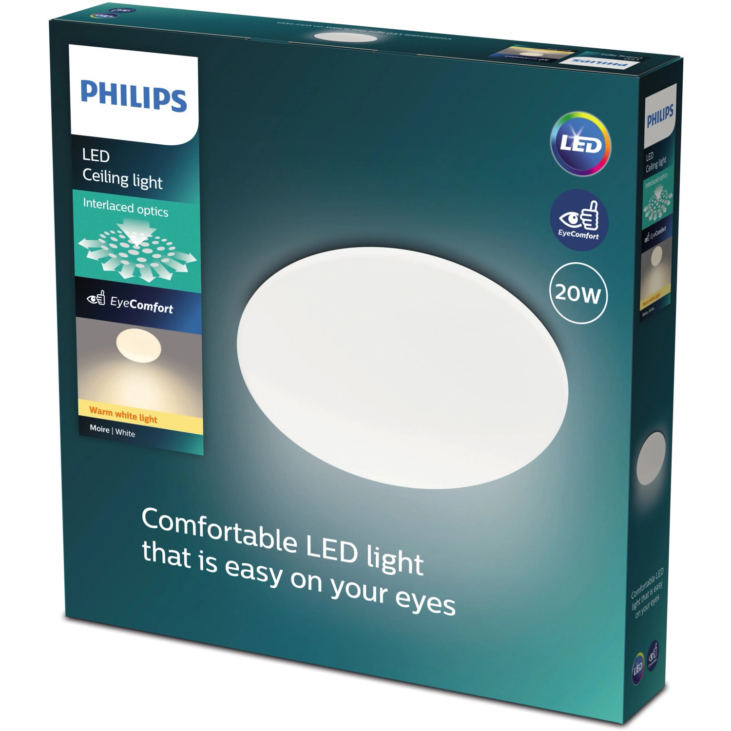 Verpackung der Philips LED-Deckenleuchte Moire CL200, 20W, Weiß. Augenschonendes Licht.