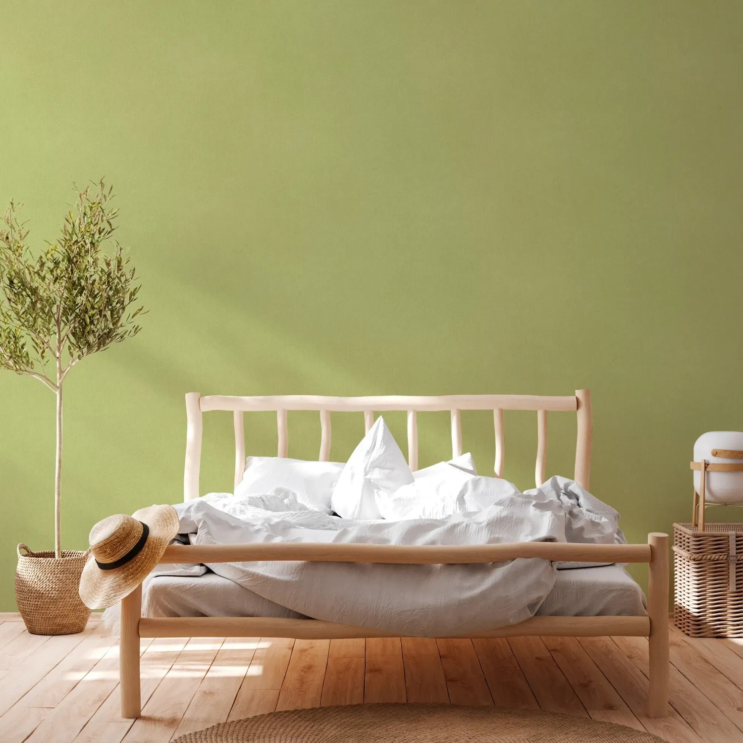 Helles Schlafzimmer mit hellgrüner, matter Vliestapete Uni von OBI.