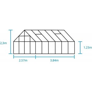 Skizze des Halls Gewächshaus Universal 128 mit Maßangaben zu Höhe, Breite und Tiefe.