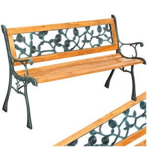 Tectake Gartenbank Marina, 2-Sitzer aus Holz und Gusseisen, braun, mit floralem Muster.
