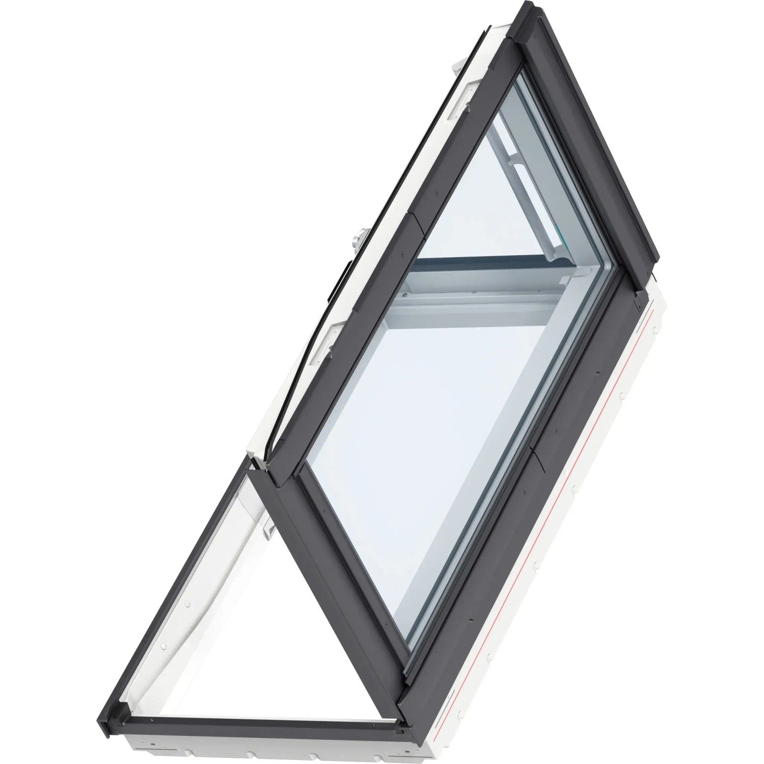 Geöffnetes, weißes Velux Wohn- und Ausstiegsfenster GXU CK04 55x98 cm.