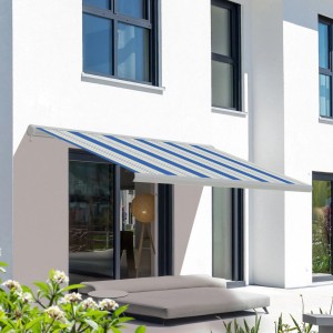 Elektrische Kassettenmarkise, weiße Vollkassette, blau-weiß gestreiftes Tuch, 4,0x3,0m. Ideal für Terrasse & Balkon.