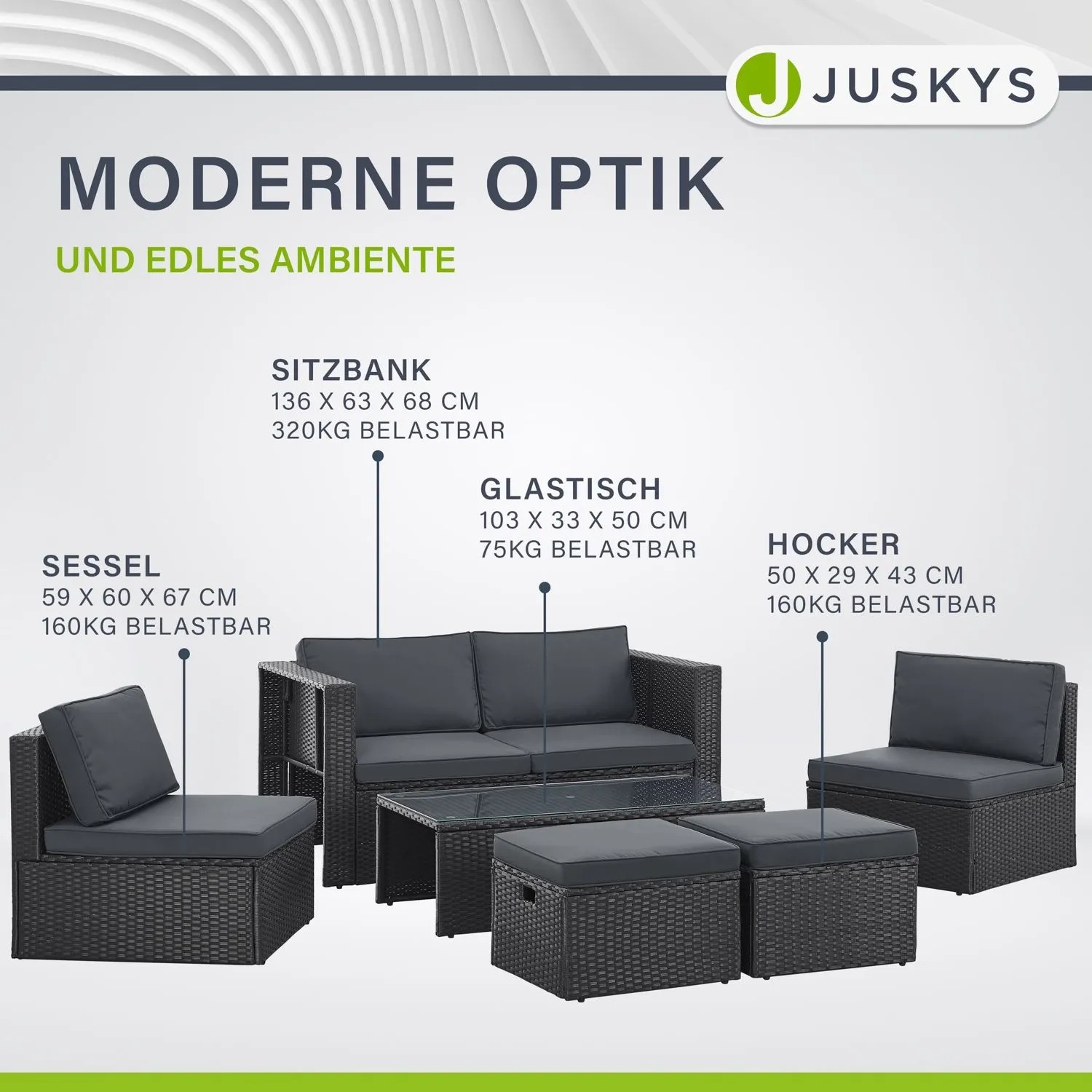 Juskys Polyrattan Lounge Salou, schwarz-graue Gartenmöbel Sitzgruppe mit Tisch, Sesseln und Hockern.