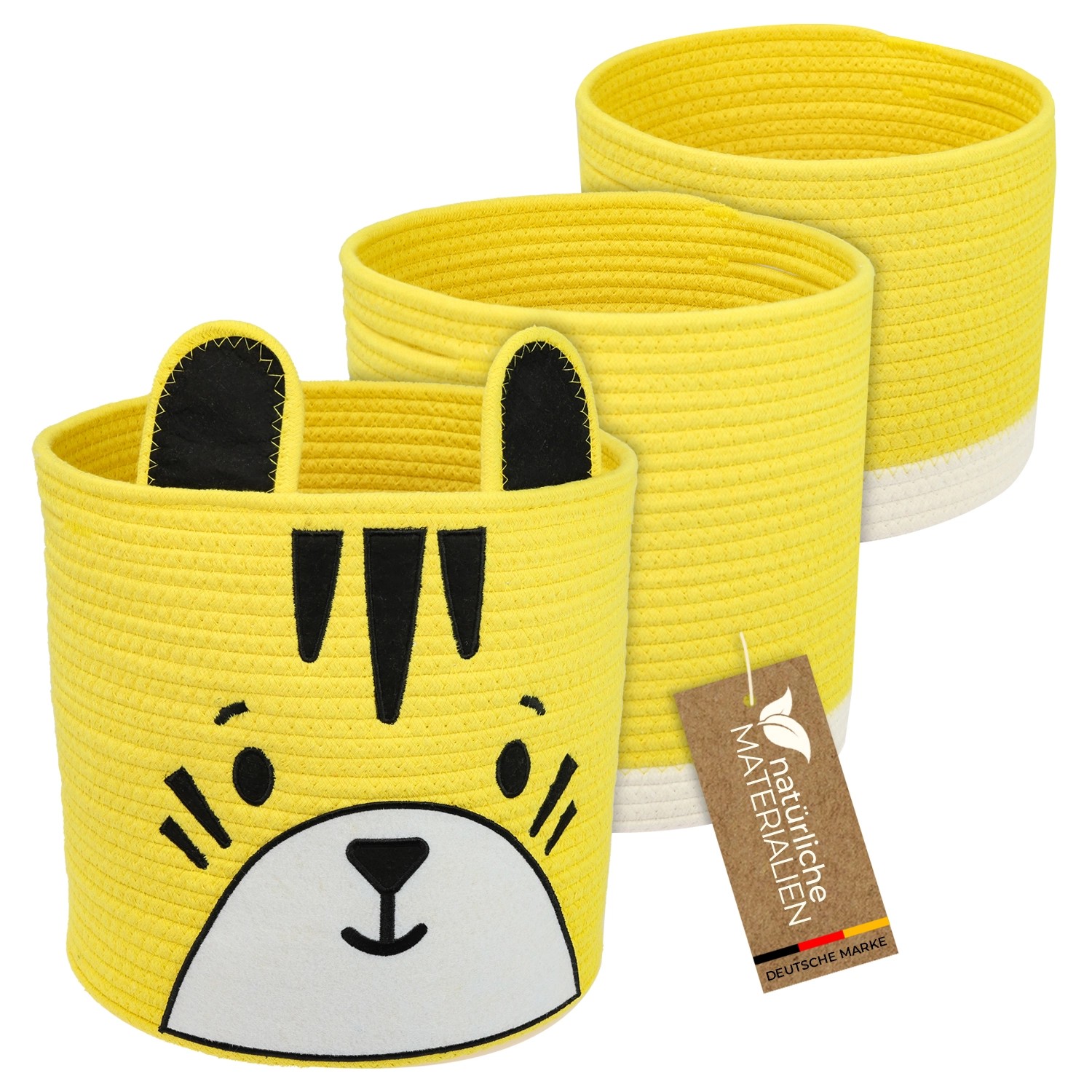 HMF Aufbewahrungskorb Versteckten Griffen 3er Set Korb Kinderzimmer Baumwolle Tiger Großtel Klein