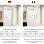 Technische Zeichnung der weißen inova Holzschiebetür, zeigt Maße für Laufschiene, Durchgang und Flügelhöhe. Inkl. Dimensionstabelle.