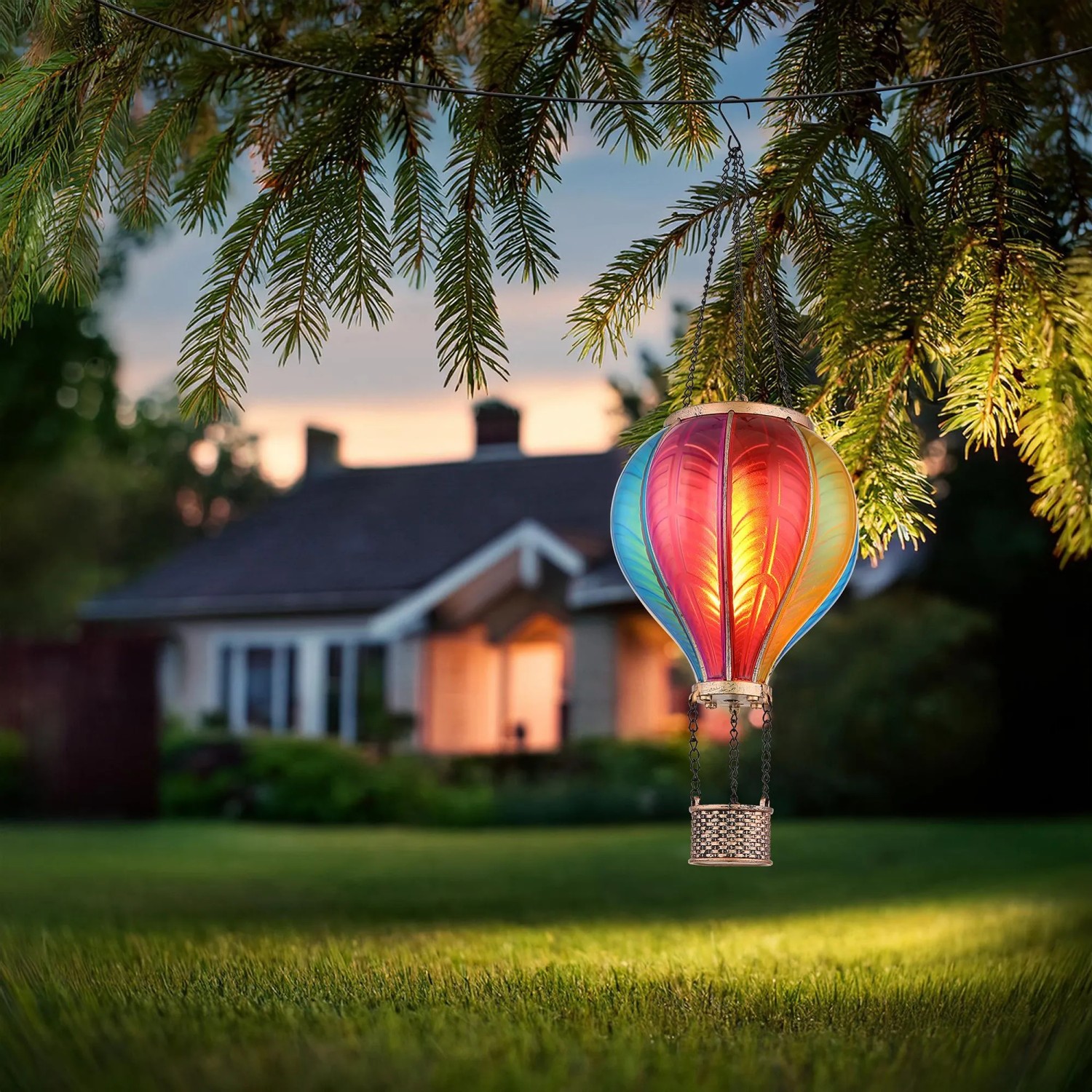 Globo Solar Heißluftballon Deko-Leuchte, schwarz-matt, mit bunten Schirm für Garten und Terrasse.