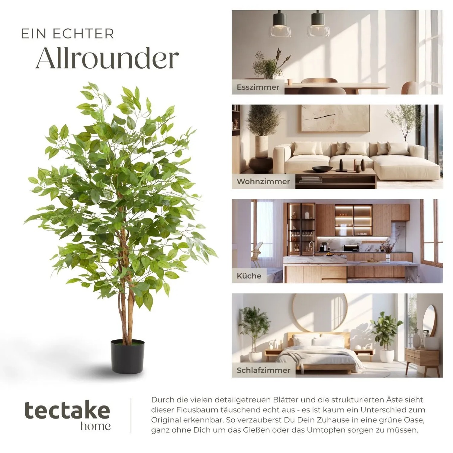 Tectake Künstlicher Ficusbaum Fida Verschiedene Größen Detailliert und Naturgetreu  70 x 70 x 120 cm Grün_7