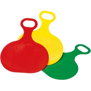 Rutschblatt Pinguin, Ø 34 cm, in Rot, Gelb und Grün, für Winterspaß im Schnee.