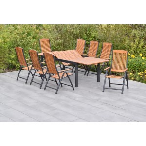 Merxx Athos 9-tlg. Gartenmöbel-Set mit Ausziehtisch (180/250x100cm) und 8 Klappsesseln aus Akazienholz und Aluminium.