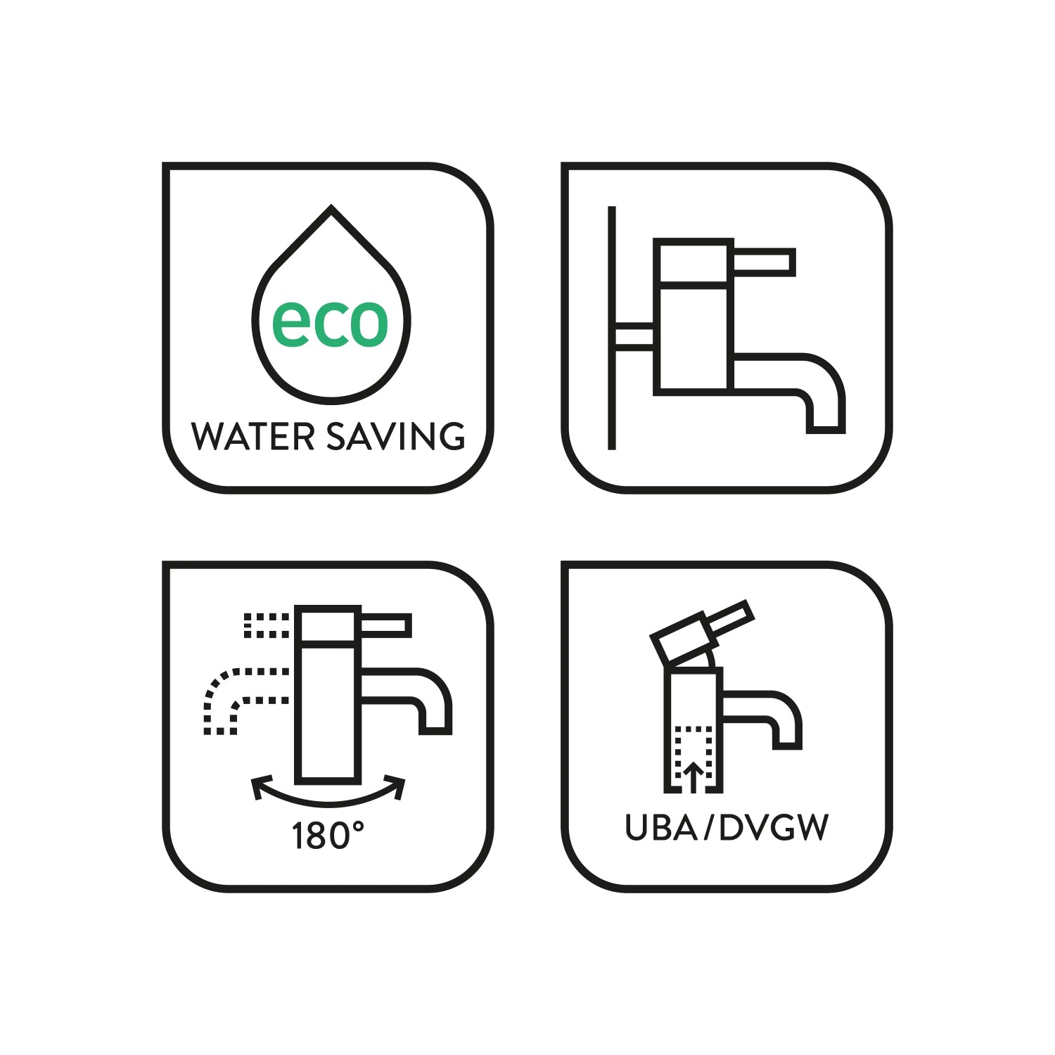 Icons der baliv Küchenarmatur KI-1130: Wassersparen, Wandmontage, 180° schwenkbar, UBA/DVGW-Zertifizierung.