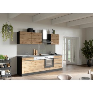 Moderne Küchenzeile Turin 240 cm in Wotaneiche-Graphit mit E-Geräten wie Herd, Kochfeld und Dunstabzugshaube.