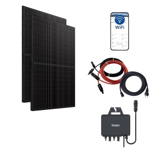 Haier Balkonkraftwerk Lumenia 800W: 2 Solarmodule, Wechselrichter, Kabel, App-Steuerung.