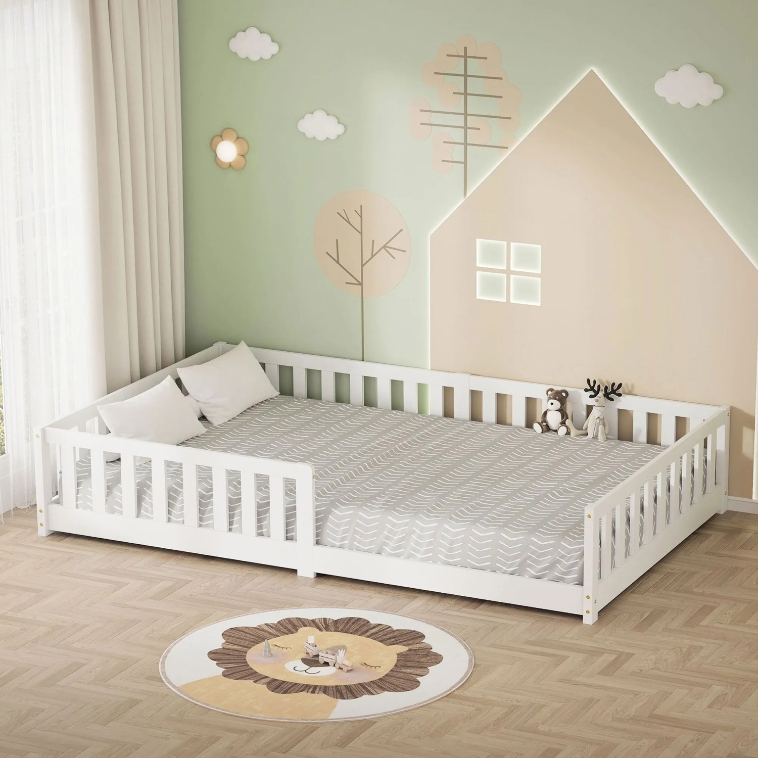Weißes ML-Design Montessori Kinderbett 120x200 cm aus Kiefernholz mit Rausfallschutz im Kinderzimmer.