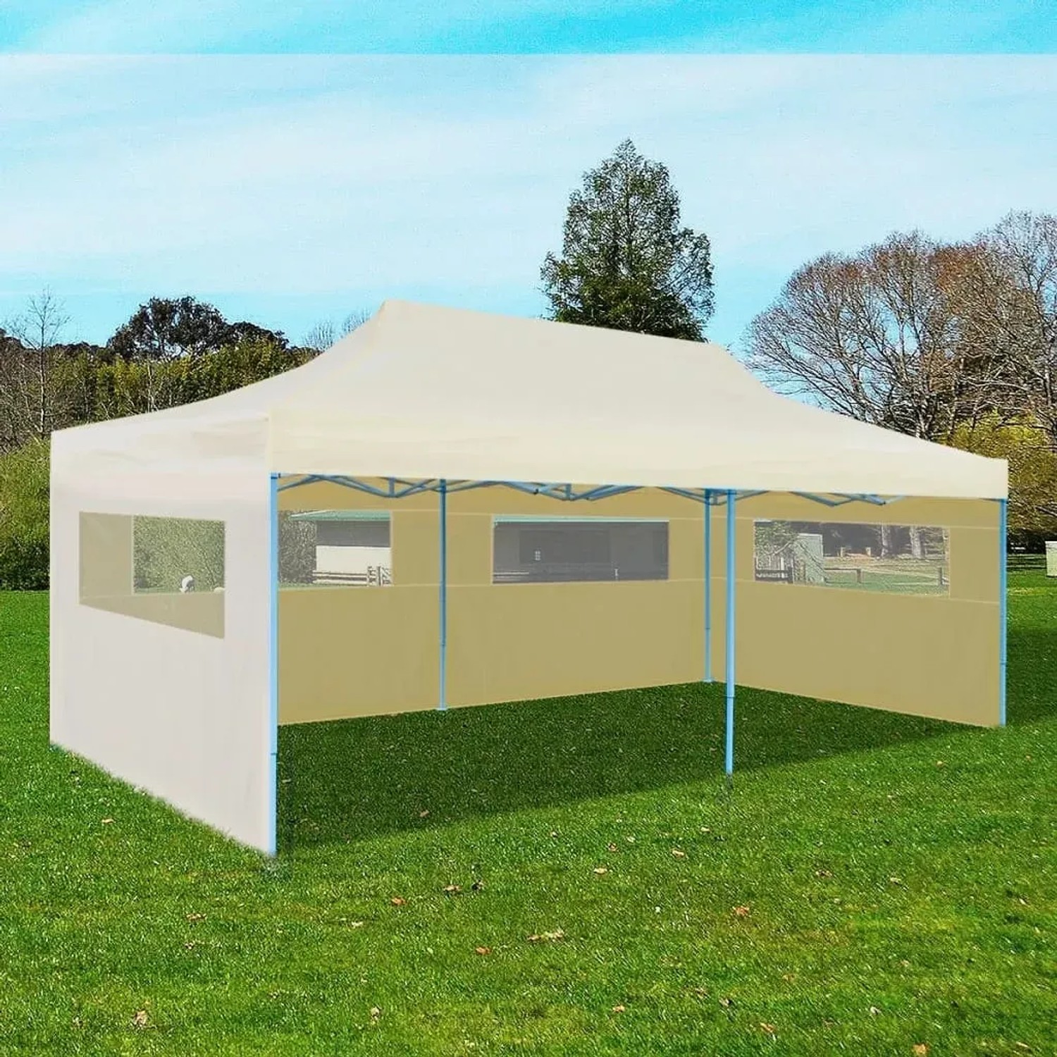Cremefarbenes, faltbares 3x6 m vidaXL Partyzelt mit Seitenwänden und Fenstern auf einer grünen Wiese.