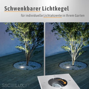 SSC-LUXon Juavi Bodeneinbaustrahler: Schwenkbarer, silberner LED-Spot für Garten- und Wegebeleuchtung.