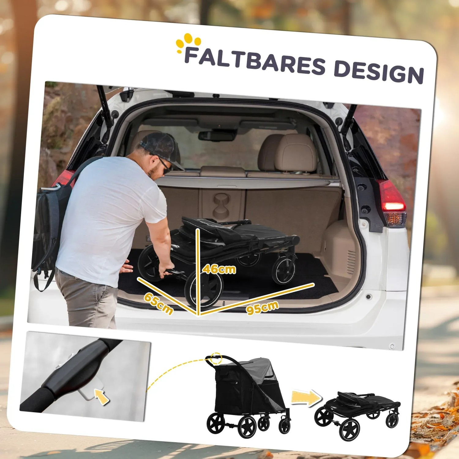 PawHut Hundewagen, faltbar mit Kissen, im Kofferraum und zusammengeklappt dargestellt.