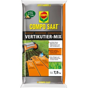 Verpackung Compo Saat Vertikutier-Mix 7,5kg: Rasensamen, Dünger und Bodenverbesserer für dichten, grünen Rasen.