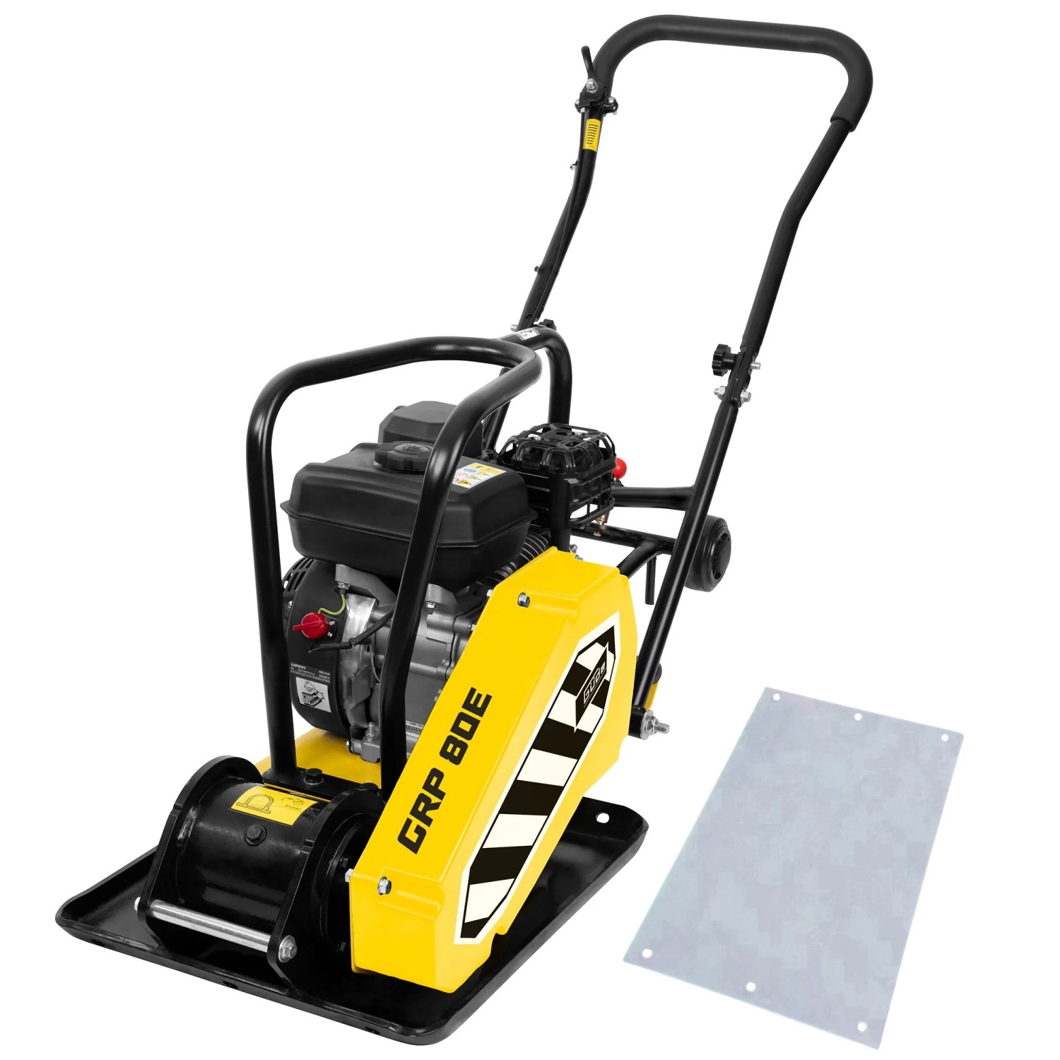 Güde Rüttelplatte GRP 80E, gelb/schwarz, mit Polyurethanmatte für Baumaschinenarbeiten.