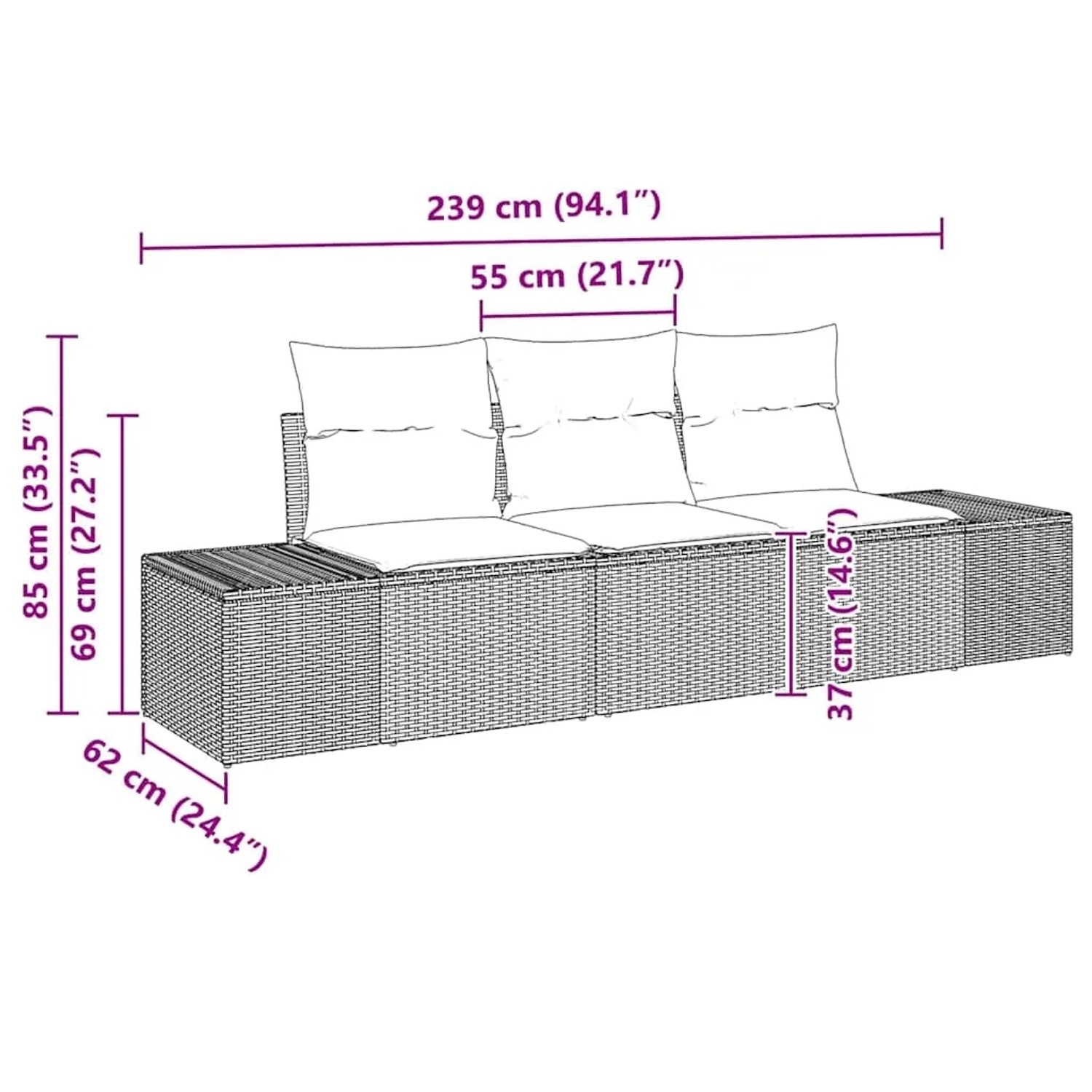3-teiliges Gartenmöbel Set: Beige Poly Rattan Sofa mit Kissen und Maßangaben.