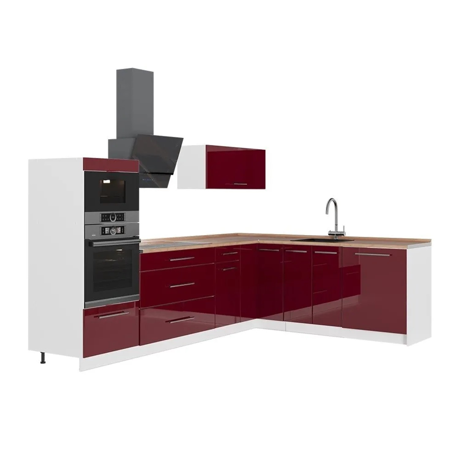 Vicco Eckküche Fame-Line Bordeaux Hochglanz/Weiß 287 x 154 AP Eiche Art Nr 63542