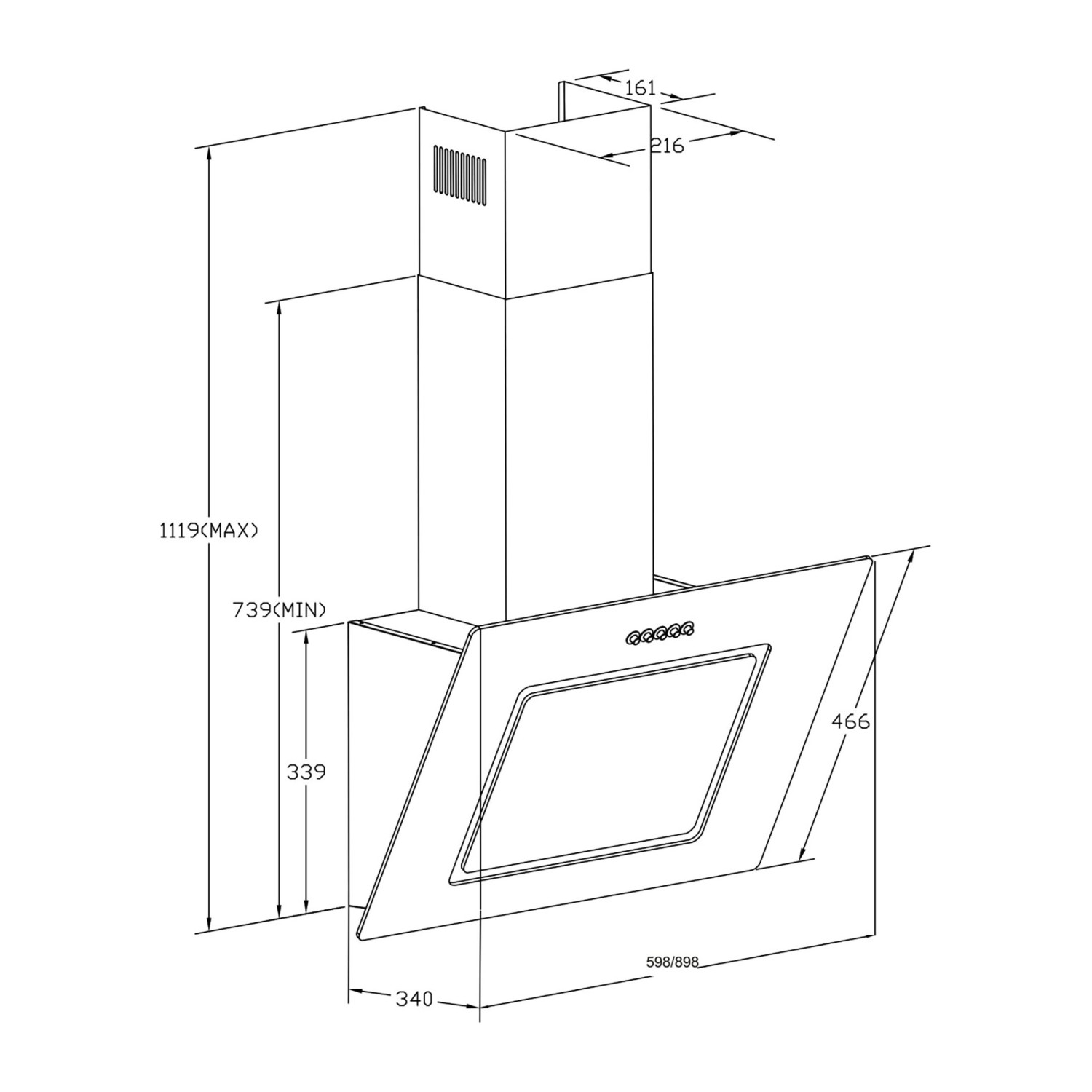 Technische Zeichnung: Respekta CH22010WBZ Dunstabzugshaube, 60cm, Glas, Weiß, Maße und Details.