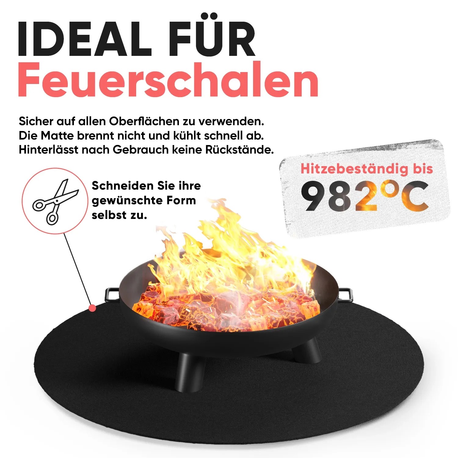 Schwarze, feuerfeste Evocamp Unterlage 100x100cm unter einer brennenden Feuerschale. Grillzubehör für Brandschutz.