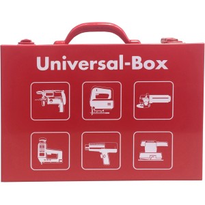 Roter Maschinenkoffer aus Metall mit Tragegriff und Symbolen für Elektrowerkzeuge.