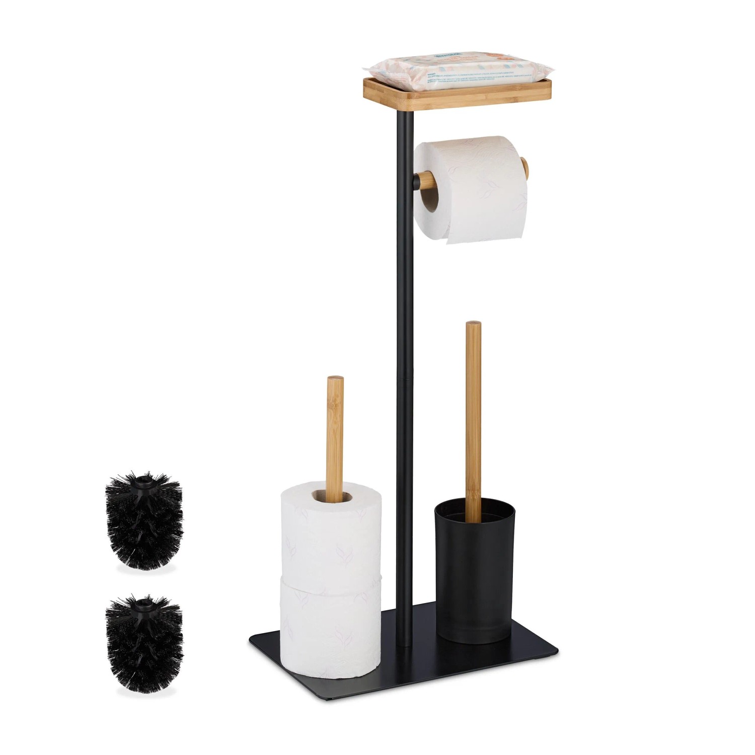 Relaxdays WC Garnitur Bambus Eisen Schwarz Natur Freistehend 65 cm x 30 cm x 20 cm 1,8 kg