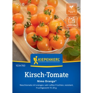 Kiepenkerl Kirschtomate Nimo Orange: Orangefarbene, süße Tomaten in Schale, Samentüte im Vordergrund.