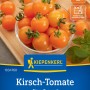 Kiepenkerl Kirschtomate Nimo Orange: Orangefarbene, süße Tomaten in Schale, Samentüte im Vordergrund.