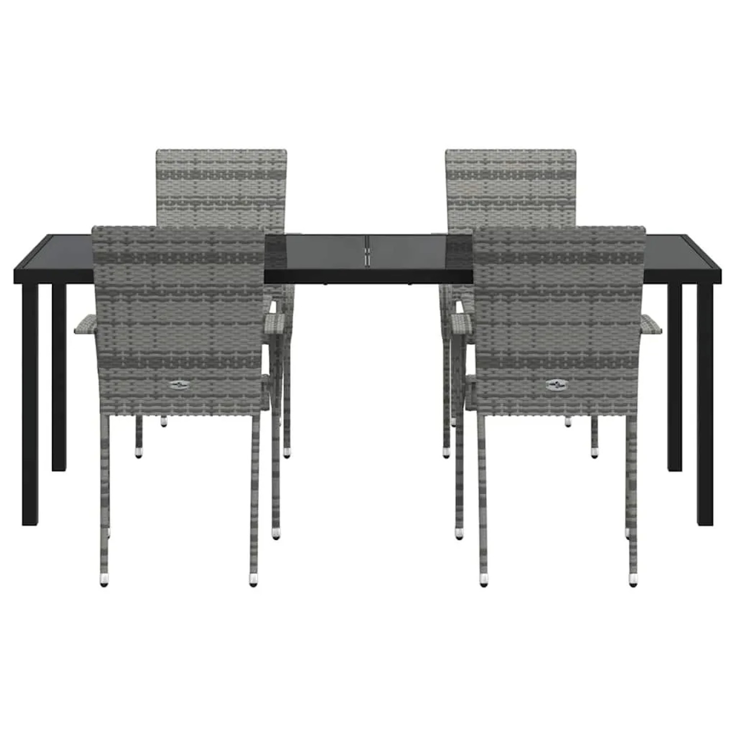 Graue Poly Rattan Garten Essgruppe mit schwarzem Tisch, Glasplatte und 8 Stühlen. Modernes Outdoor-Set.