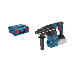 Blauer Bosch Professional Akku-Bohrhammer GBH 18V-26 mit Tiefenanschlag und Koffer für Bohrarbeiten.