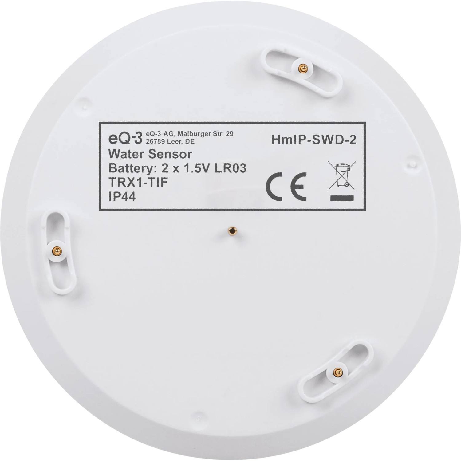 Weißer Homematic IP Wassersensor SWD-2 Unterseite mit drei Messsonden und technischen Daten. Ideal für Hausautomation.