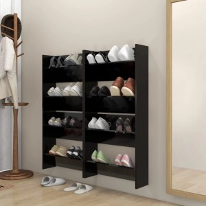 Vier schwarze Wand-Schuhschränke vidaXL aus Holzwerkstoff, montiert und mit Schuhen gefüllt.